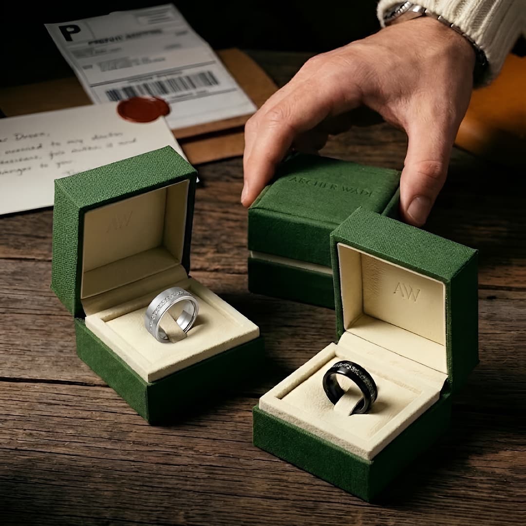 Three Archer Wade ring boxes on dark wood. Two tungsten rings visible inside, alongside a prepaid shipping label and handwritten note.