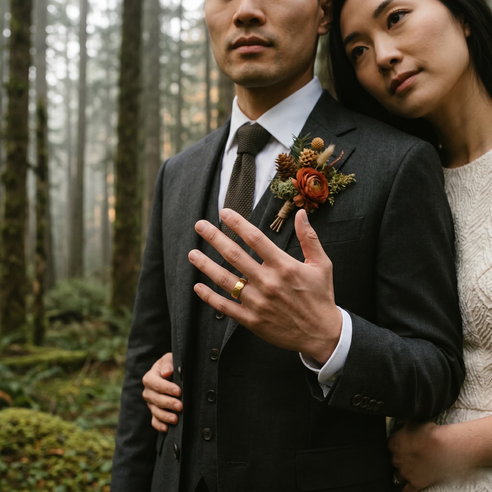 A couple in formal attire embracing in a misty forest. The man wears a gold tungsten wedding ring on his hand, resting on his lapel.