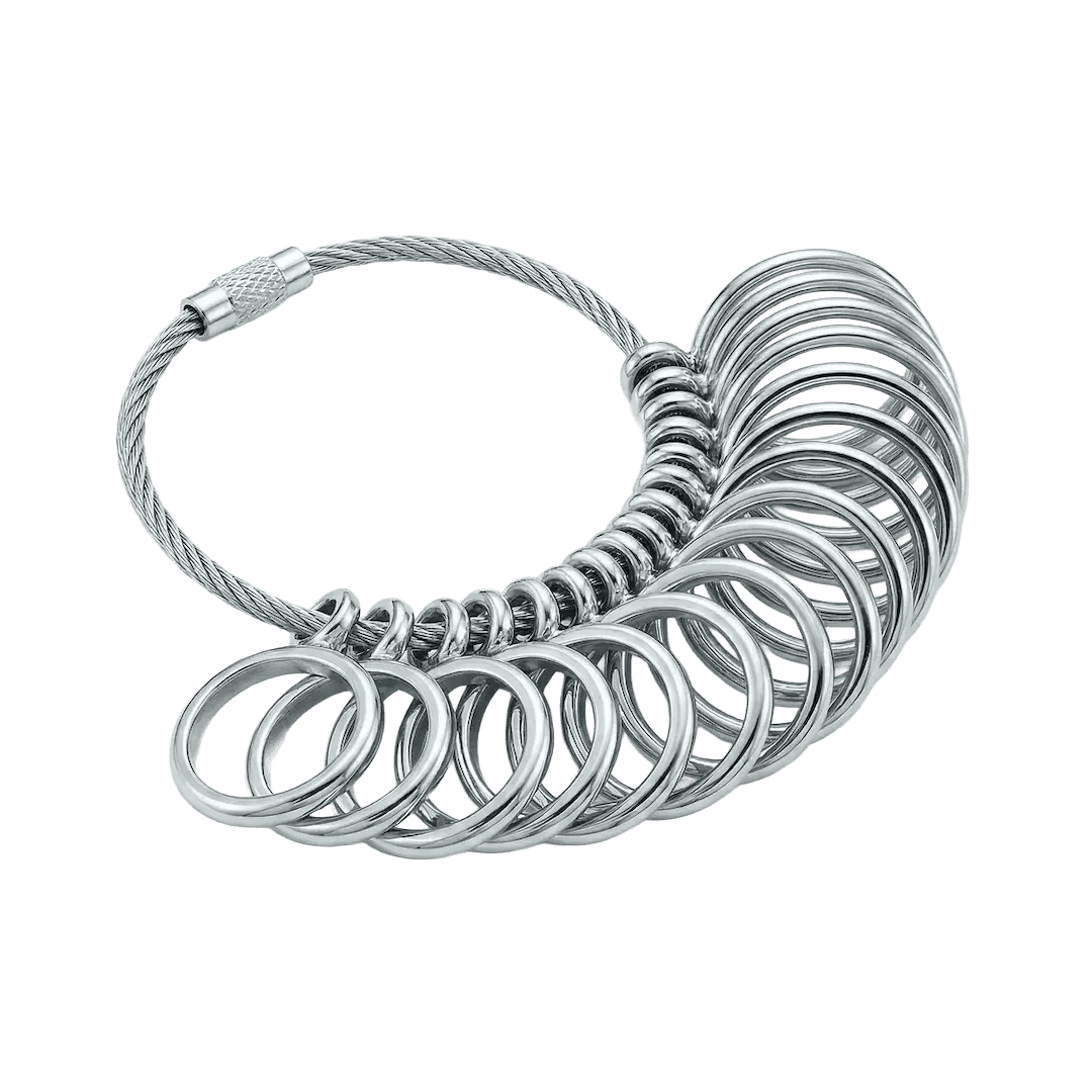 The Archer Wade ring sizer — a loop of 17 sized metal rings on a cable, used to find your finger size at home.
